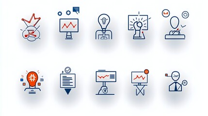 Poster - Minimalist icon set featuring various symbols and graphics related to live webinar online business meeting team digital workspace discussion on a white background
