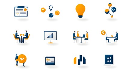 Leinwandbilder - Set of Minimalist Icons Representing Live Webinar Online Business Meetings Team Discussions and Collaborative Work Symbols on a Clean White Background  Conceptual for Digital Conferencing