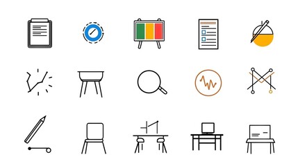 Leinwandbilder - Set of line art style meeting icons and symbols representing conference classroom team work related concepts on a clean white background  Suitable for business education and technology communications