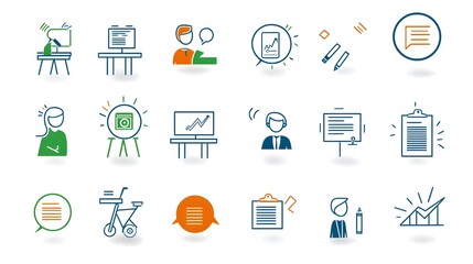 Leinwandbilder - Minimalist Line Art Icons Depicting Various Symbols and Concepts Related to Classroom Interviews Team Discussions and Professional in a Business or Educational Setting