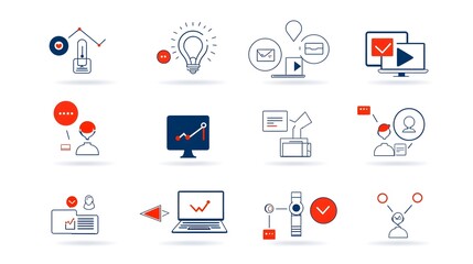 Leinwandbilder - Collection of live webinar icons in line style featuring business meeting team and work symbols on plain white background  Digital conferencing online training