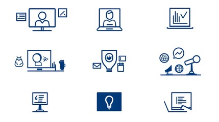 Leinwandbilder - Collection of minimalist line style icons representing various elements of online webinars video conferences and business team White background design suitable for digital technology