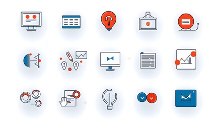 Leinwandbilder - Collection of clean line style webinar icons including symbols for business meetings team online conferences or seminars on a white background