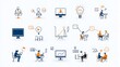 © NKCoolper - Set of simple line icons representing elements of a live online webinar or business meeting such as video conference team discussion and presentation tools