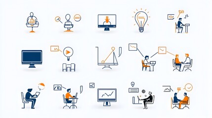 Leinwandbilder - Set of simple line icons representing elements of a live online webinar or business meeting such as video conference team discussion and presentation tools
