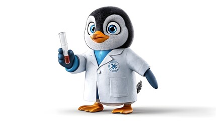 Poster - Curious Penguin Scientist Wearing Lab Coat and Holding Test Tube in Delicate Watercolor Tones on Clean White Background