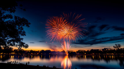 Colorful fireworks exploding over a calm lake at dusk, creating a festive atmosphere.