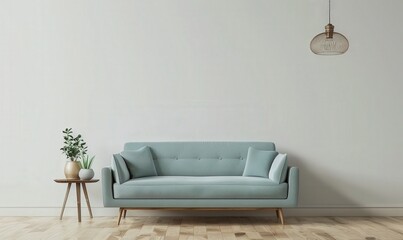 A modern living room interior with a light green sofa, wooden floor, and two wooden side tables with potted plants and a hanging lamp