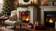 © Arief - cozy Christmas scene featuring a beautifully decorated pine tree ornament positioned beside a comfortable sofa in a warmly lit fireplace room