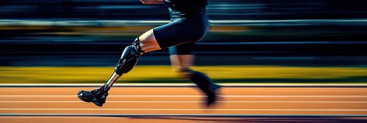 Poster - An athlete utilizing a prosthetic leg races down the track, showcasing speed and determination in bright daylight. Generative AI