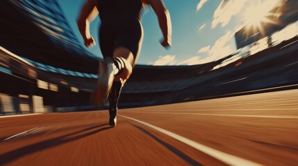 Poster - A determined athlete runs swiftly on an outdoor track, showcasing strength and agility with a prosthetic leg in bright sunlight. Generative AI