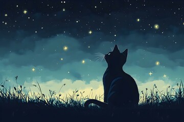 Naklejka na meble Silhouette of a Black Cat Looking at the Sky