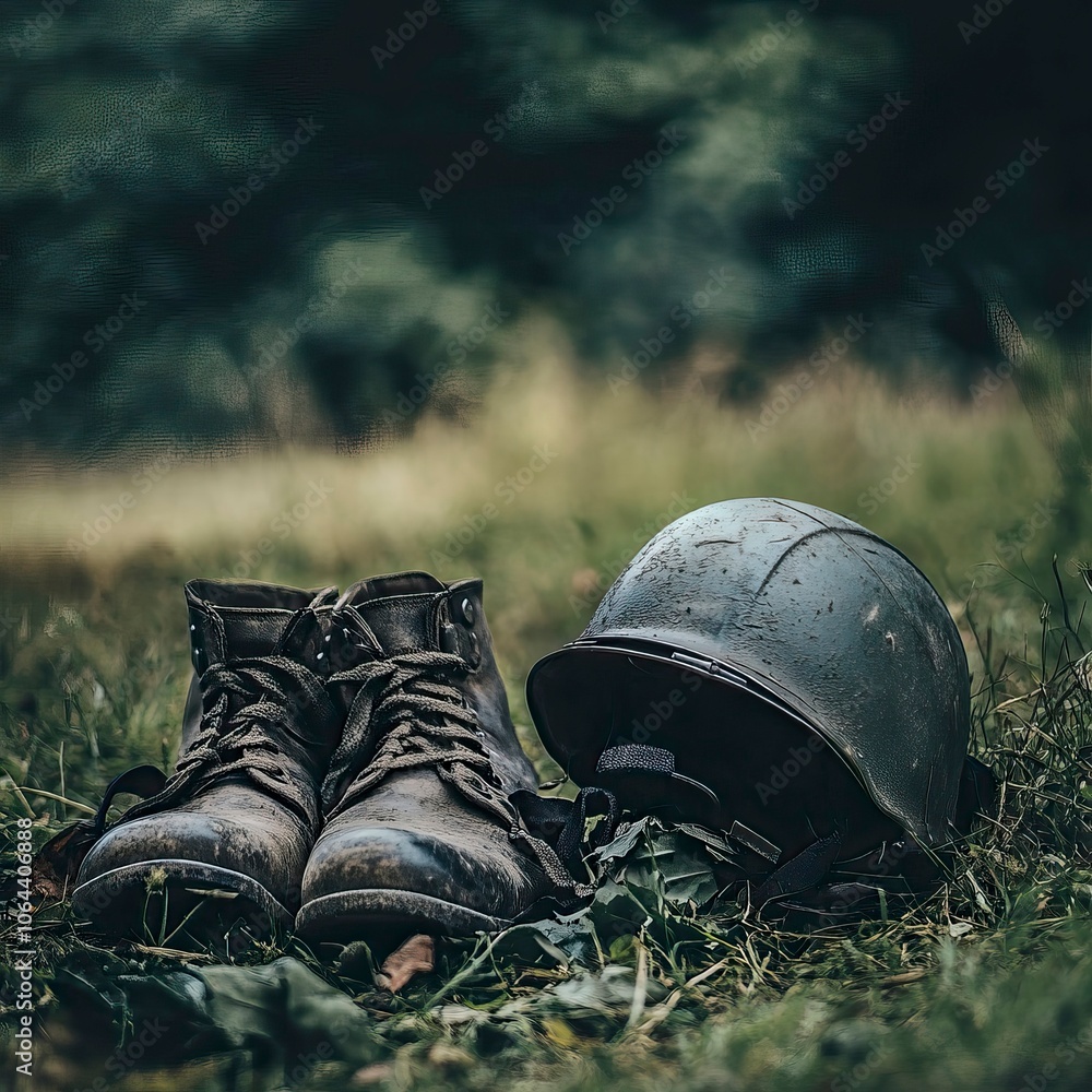Military boots and helmet placed on grass field, symbolizing fallen ...
