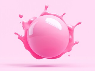 Poster - A vibrant pink sphere surrounded by a splash of pink liquid, creating a dynamic and playful visual effect on a soft pink background.