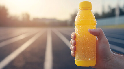 A hand gripping a cool sports drink bottle in bright yellow, with condensation dripping down. The background shows a hazy running track on a sunny day, subtly suggesting the drinkâ€™s connection to