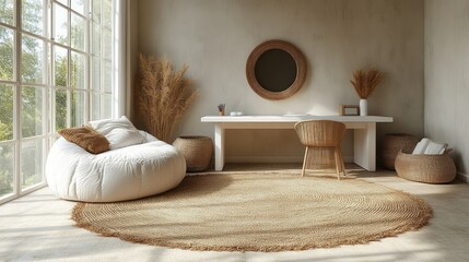 A minimalist home office with clean lines, a white desk, and natural decor.