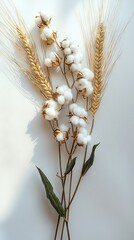 Wall Mural - A bunch of cotton and wheat on a white surface