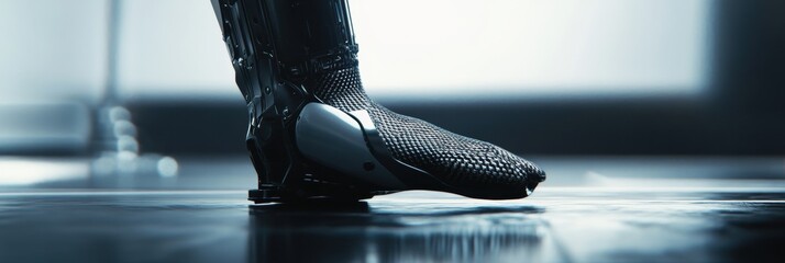 Leinwandbilder - A detailed view highlights the intricate metal and carbon fiber components of a modern prosthetic leg in an innovative environment. Generative AI