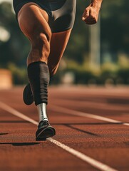 Poster - An athlete runs on a track, showcasing determination and speed while using a prosthetic leg during a training session. Generative AI