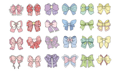 Set of colorful coquette ribbon bows isolated on transparent background. Collection of retro accessory in pastel colors. Elements for design