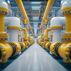 A modern industrial facility showcasing interconnected yellow pipes and valves, arranged along a spacious corridor, emphasizing efficiency and organization.