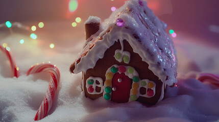 A cozy gingerbread house surrounded by festive lights and candy canes, evoking a warm holiday spirit.