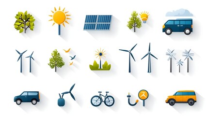 Poster - Comprehensive Set of Icons Representing Renewable Energy Sources Such as Solar Wind Hydro and Electric Vehicles on a Clean White Background
