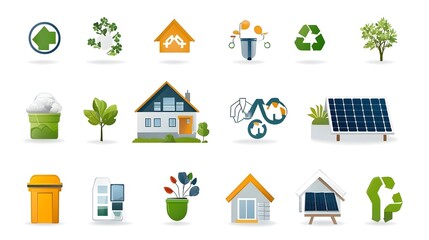 Poster - Collection of icons representing environmental sustainability concepts such as recycling solar energy and energy efficient homes on a clean white background