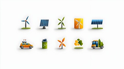 Aufkleber - Collection of modern and minimalist icons and symbols representing renewable energy sources eco friendly transportation and sustainable environmental concepts on a clean white background