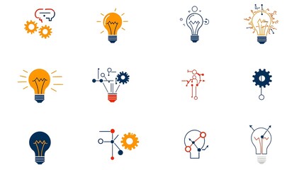 Poster - Innovative Icon Set Featuring Lightbulbs Gears and Pathways to Represent New Ideas Creative Solutions and Strategies for Business Growth and Success