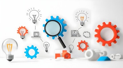 Poster - Infographic Symbols for Forward Thinking Solutions with Gears Magnifying Glass and Idea Lightbulbs on a Clean White Background  Representing Innovation Strategy Planning