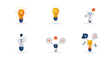 Poster - Lightbulb icons representing progressive ideas solution pathways and collaborative teamwork symbols against a clean white background  Conceptual design for business strategy innovation and team