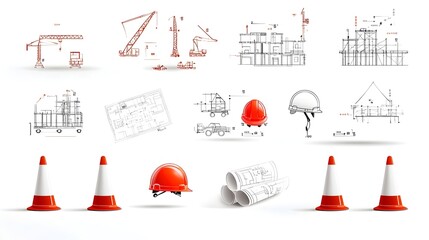 Fototapete - Collection of Construction Icons Featuring Building Plans Hard Hats and Construction Cones on a White Background  Representing the Construction Industry Engineering and Building Development