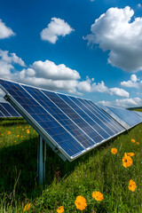 Solar panels generating renewable energy in a field of yellow flowers under a clear blue sky with fluffy white clouds