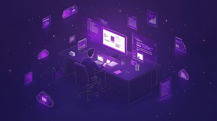 Isometric illustration of a programmer working on a computer with data and cloud computing icons surrounding him.