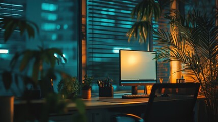 Workplace with computer on table in modern office at night.