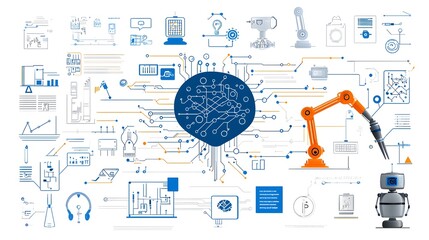 Aufkleber - Set of icons showcasing intelligence technology such as neural networks algorithms and smart robots all placed against a clean white background for a minimalist and futuristic design