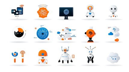 Leinwandbilder - icon collection featuring neural networks robotic assistants and cloud services on a white background  Representing the latest advancements in intelligence machine learning and digital technology