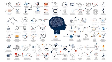 Fototapete - Captivating collection of icons featuring a robotic head digital brain and predictive analytics symbols on a clean white background  This futuristic symbolizes innovation technology