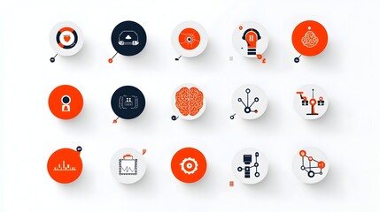 Poster - Collection of AI powered digital icons featuring a robotic head brain and predictive analytics symbols on a clean white background  Representing the advancement of intelligence machine learning