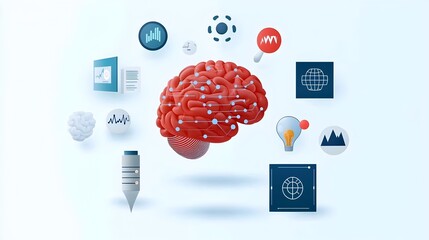 Fototapete - intelligence icons with symbols of data analysis algorithms and digital brain on a clean white background  of modern technology computer science and innovation concepts