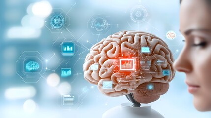 Fototapete - graphic of intelligence symbols data analysis algorithms and digital brain concept on a clean white background  Depicting the technology