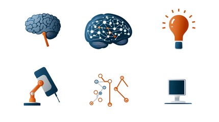Fototapete - Collection of abstract intelligence icons featuring digital brain machine learning pathways smart devices and other technology symbols on a minimalist white background