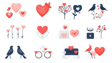 Poster - Minimalist Icons Capturing the Essence of Romance and Commitment Through Symbolic Representations of Couples Rings and Love Birds on a Clean White Background