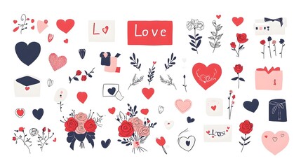 Aufkleber - Romantic icons featuring a collection of love themed elements including heart shapes love letters and rose bouquets on a clean white background  Ideal for Valentine s Day wedding