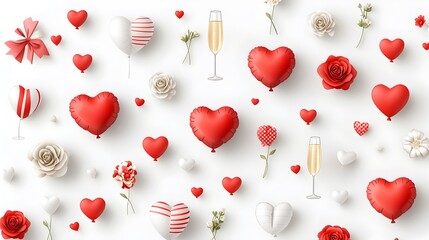 Poster - Elegant icons depicting the essence of love and romance featuring heart shaped balloons flowers and champagne glasses on a clean white background