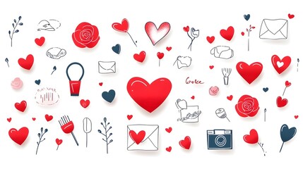 Aufkleber - Elegant and Minimalist Icons Representing Love and Romance with Heart Symbols Love Letters and Rose Petals on a Clean White Background  Perfect for Valentine s Day Weddings and Other Romantic Designs