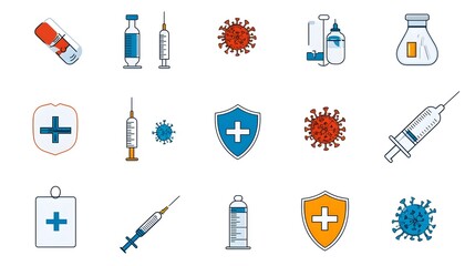 Fototapete - of healthcare and vaccine awareness icons featuring a shield symbol representing immunity a syringe representing medication and various virus symbols on a clean white background