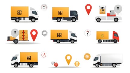 Poster - set of logistics icons including delivery trucks shipping symbols and tracking pins on a clean white background  Representing transportation distribution freight and package delivery services