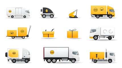 Poster - Comprehensive Collection of Delivery and Shipping Service Icons Featuring Trucks Parcels and Tracking on a White Background  This set of graphics includes various icons related to transportation